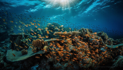 Fototapeta premium Multi colored fish swim in coral reef paradise generated by AI