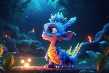 a cute adorable baby dragon stands in nature by night with light in the style of children-friendly cartoon animation fantasy  3D style Illustration  created by AI
