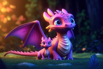 cute adorable baby dragon with mother dragon in nature by night with light  rendered in the style of fantasy cartoon animation style intended for children 3D style Illustration created by AI