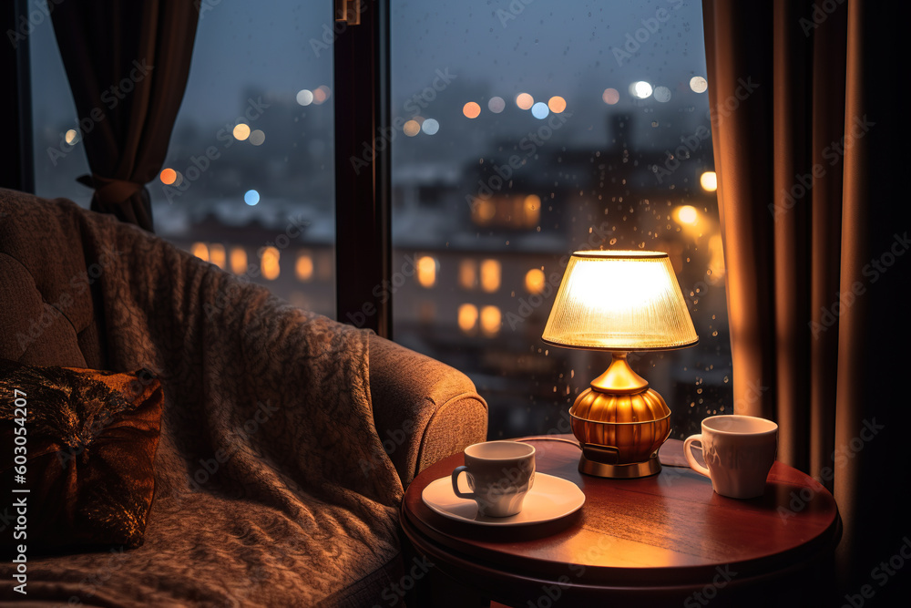 Poster a table with a lamp and a cup on it. generative ai. lamp illuminating reading nook by large window.
