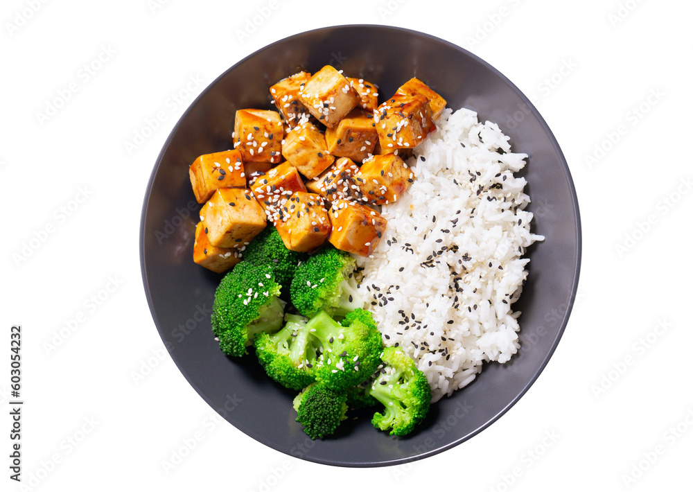 Wall mural plate of rice, fried tofu, broccoli with sesame seeds isolated on transparent background, top view