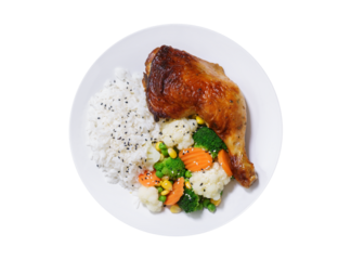 plate of baked chicken leg with vegetables and rice isolated on transparent background, top view