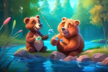 cute adorable baby bear and mother bear are fishing in the river in the forest rendered in the style of fantasy cartoon animation style intended for children 3D style Illustration created by AI