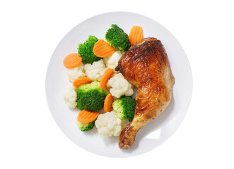 plate of baked chicken leg with vegetables isolated on transparent background, top view