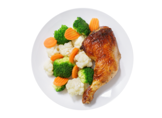 plate of baked chicken leg with vegetables isolated on transparent background, top view
