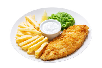 plate of fish and chips with french fries isolated on transparent background