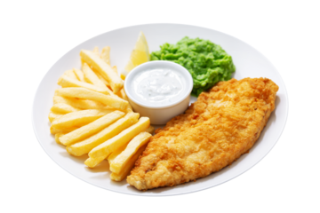 plate of fish and chips with french fries isolated on transparent background