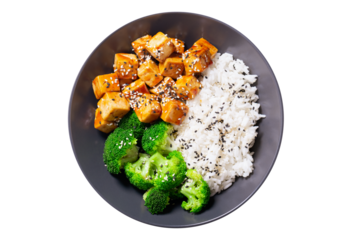 plate of rice, fried tofu, broccoli with sesame seeds isolated on transparent background, top view