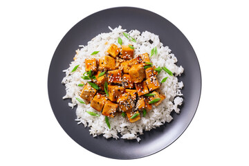 plate of rice and fried tofu with sesame seeds isolated on transparent background, top view
