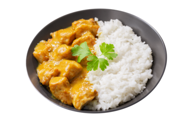 plate of chicken with curry sauce and rice isolated on transparent background