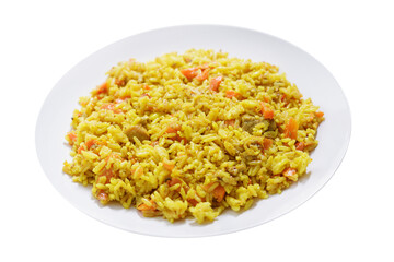 plate of pilaf with meat and vegetables isolated on transparent background