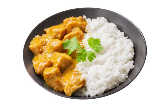 plate of chicken with curry sauce and rice isolated on transparent background