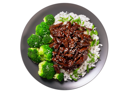 plate of  teriyaki beef, rice, broccoli and sesame seeds isolated on transparent background, top view