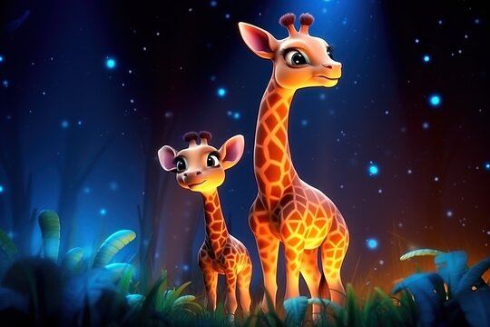 cute adorable baby ziraffe with mother ziraffe by night with blue light  in nature rendered in the style of fantasy cartoon animation style intended for children 3D style Illustration  created by AI