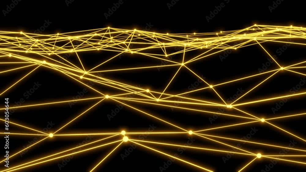 Poster Abstract sci-fi background with plexus structure of neon yellow orange glowing spheres. Connection concept. Creative technological background. Seamless loop animation. 4k 3d motion design, 30 fps