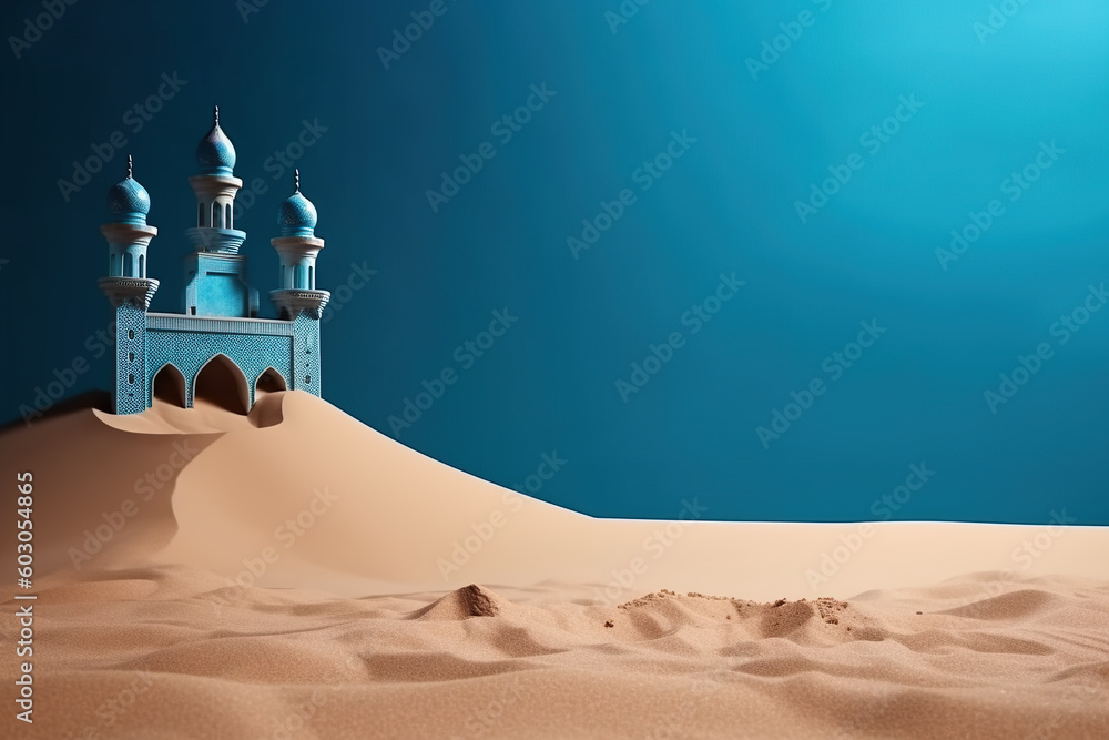Poster a blue castle in the middle of a desert. generative ai. festive background with copy-space.