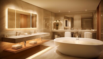 Fototapeta na wymiar Sleek Light Grey Marble Bathroom with LED Lighting and Freestanding Tub. Generative ai