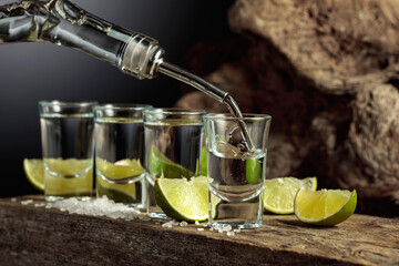 Tequila is poured from a bottle into a glass.