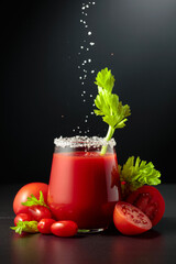 Sea salt is poured into a glass of tomato juice with celery.
