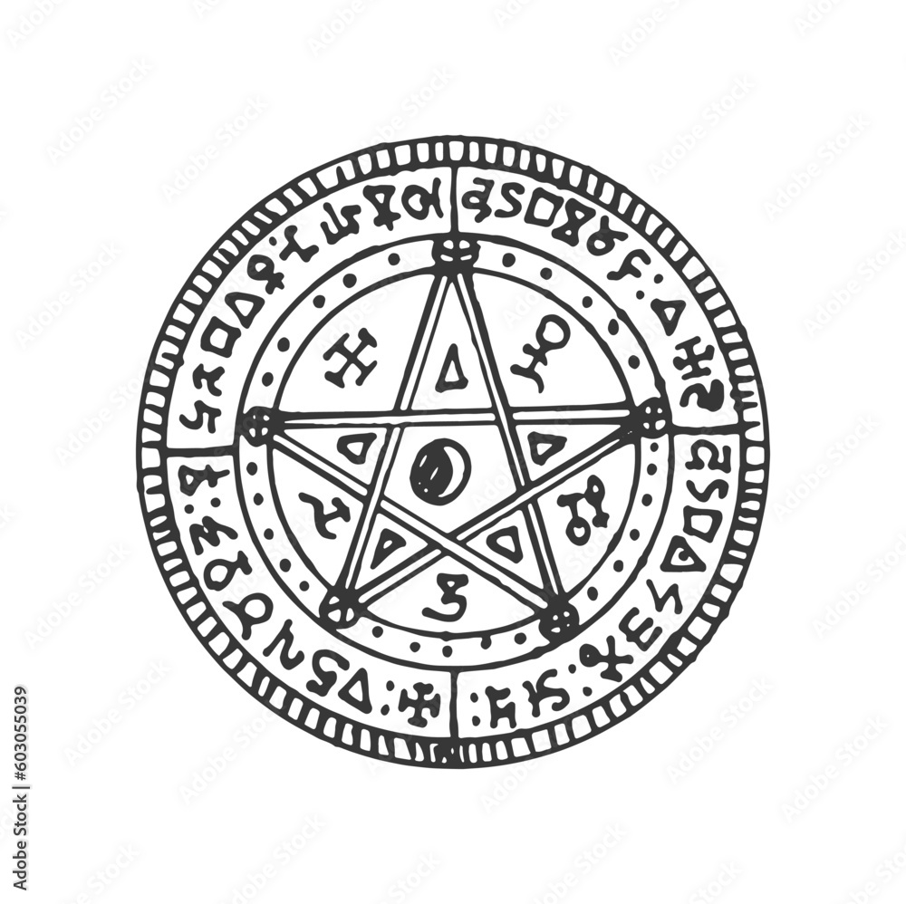 Wall mural circle magic pentagram, round ethnic amulet sketch. vector esoteric mystic spiritual sacred mystery 