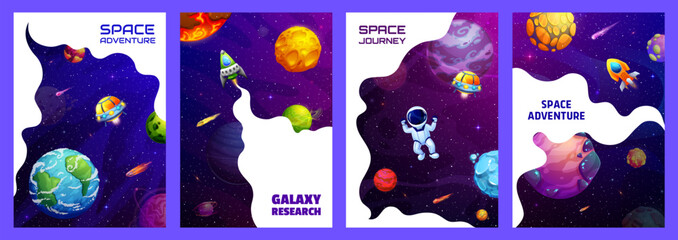 Space landing pages and posters, space adventure, research and journey, vector website templates. Galaxy landing pages with astronauts in spaceships, UFO, planets and stars or cartoon rockets © Vector Tradition