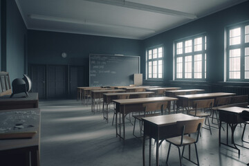 Back to school concept. Empty school classroom. Elementary class room no kid or teacher with chairs and tables in campus. Generative AI