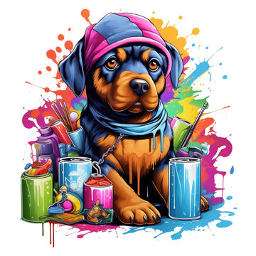 A vibrant Carpenter Rottweiler Dog t-shirt design, depicting a Rottweiler dog in a graffiti art studio, surrounded by colorful spray paint cans and street art murals, Generative Ai