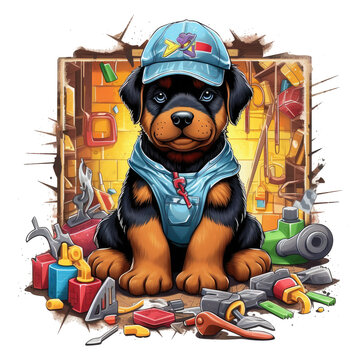 A playful Carpenter Rottweiler Dog t-shirt design, depicting a Rottweiler dog in a toy workshop, surrounded by colorful blocks and stuffed animals, wearing a toy hard hat and holding, Generative Ai
