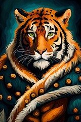 Portrait of Brutal tiger as a businessman or king, Generative AI