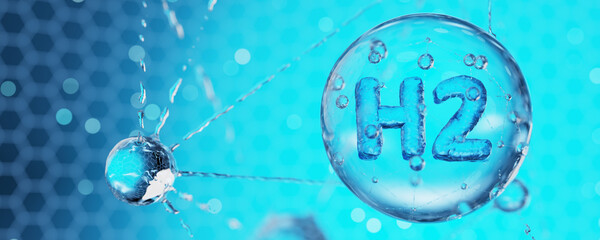 Images of hydrogen. Concept of a hydrogen fuel cell. Hydrogen as an alternative energy. Pure hydrogen energy. 3d render.