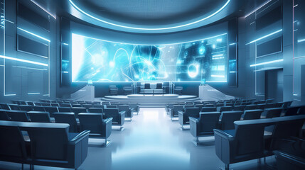 Fototapeta premium A room with chairs and a projection screen. Generative AI.