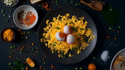 Fototapeta na wymiar Scrambled eggs with many ingredients. Generative AI