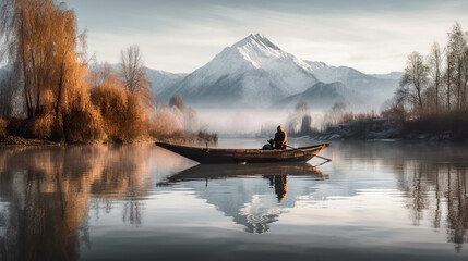 Two people in a boat on a lake with a mountain in the background. Generative AI.