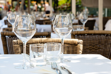 Table for two in a restaurant terrace in summer