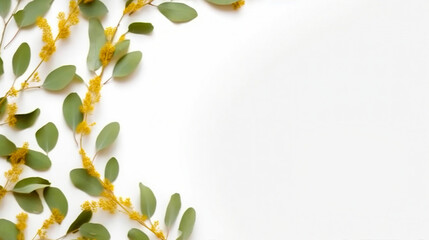 Borders of the frame of gold branches, and eucalyptus leaves on a white background.