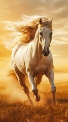 Fototapeta premium Arabian Stallion Galloping Through a Sun-kissed Field. Generative ai