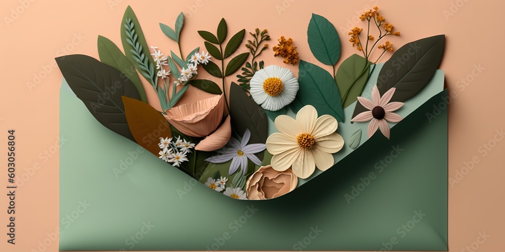 Aufkleber flowers in a colourful envelope on a flat lay backdrop generative ai
