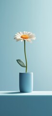 Illustration of a minimalist arrangement featuring a white daisy in a blue vase against a blue backdrop -  created with Generative AI technology