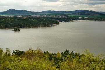 Stare Splavy, Czechia - April 26, 2023: view to Machovo jezero lakoe from Borny hill