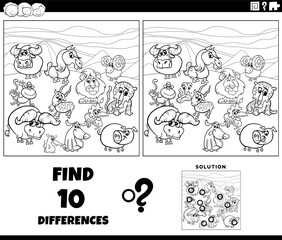 differences game with cartoon animals coloring page