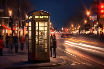 telephone booth at a busy street, Long-exposure photography. generative AI