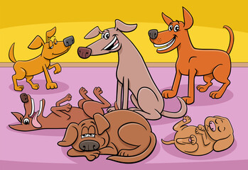cartoon dogs and puppies animal characters group at home