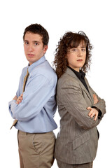 Business man and woman standing over a white background