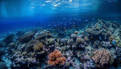 Naklejka na ściany i meble Multi colored fish swim in tropical reef paradise generated by AI