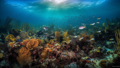 Naklejka na ściany i meble Colorful fish swim in tropical coral reef generated by AI