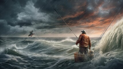 Athlete Caught by Fisherman in the Middle of the Sea Using Boats by Generative AI - obrazy, fototapety, plakaty