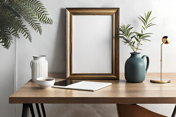 Obraz na płótnie Canvas Cup of coffee, books and empty picture frame mockup on wooden desk, table. Vase with olive branches. Elegant working space, home office concept. Scandinavian interior design. Generative AI