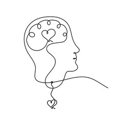 Man silhouette brain and heart as line drawing on white background