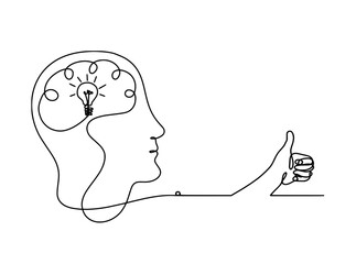 Man silhouette brain and hand as line drawing on white background