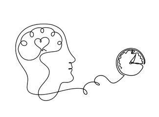 Man silhouette brain and clock as line drawing on white background